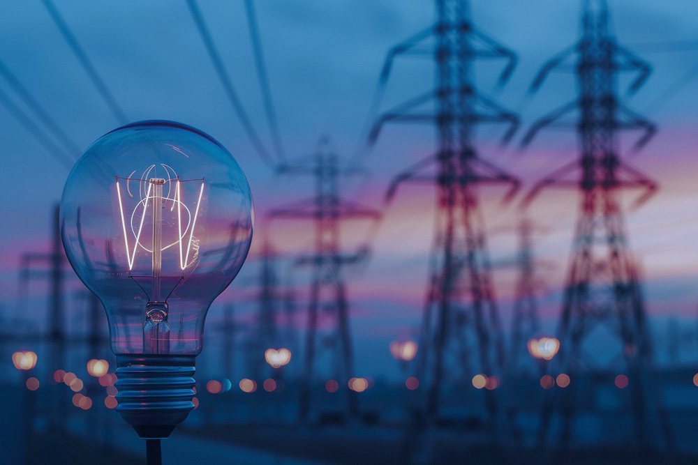 Glowing light bulb in front of transmission towers at twilight