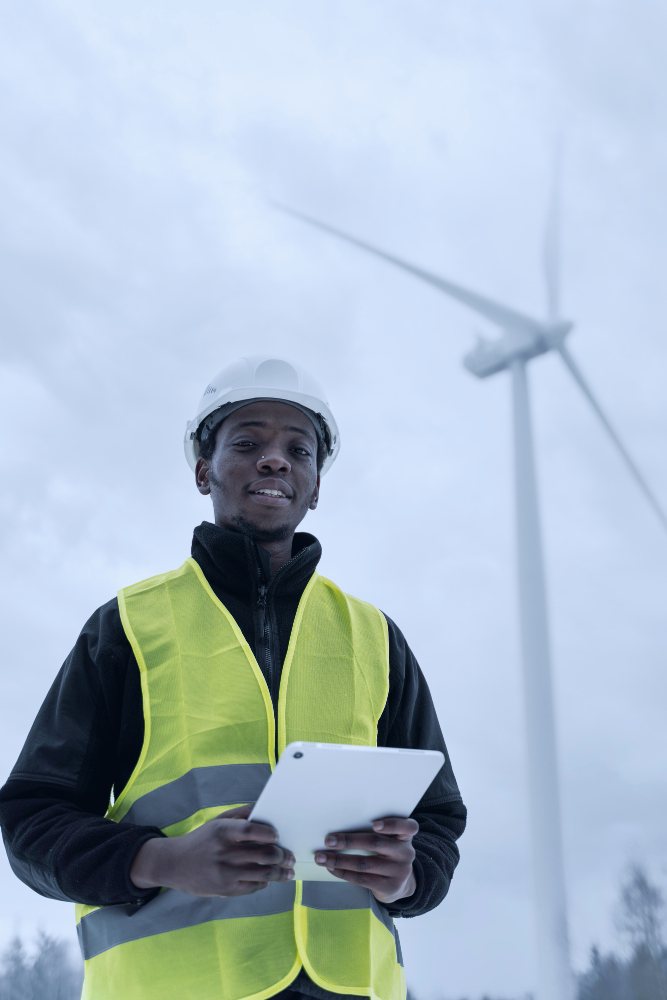 Engineer in front of a wind turbine