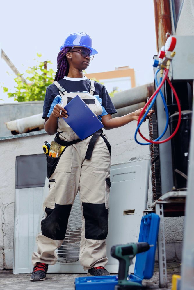 Manitoba Power technician in a blue hard hat inspecting equipment with a tablet